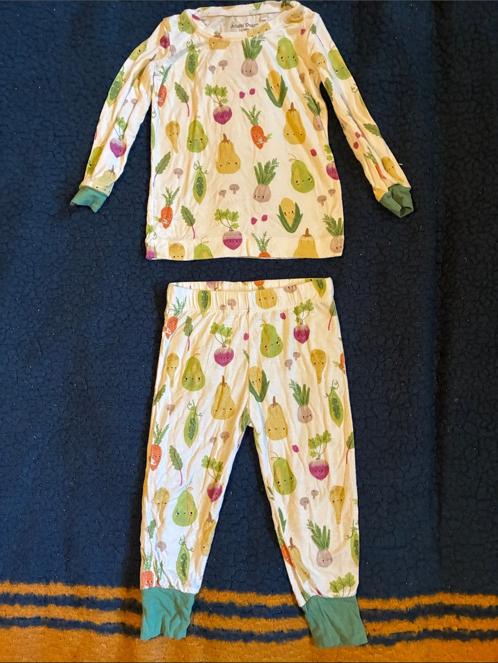 Angel Dear white Pajama Set with Colorful Vegetable Print and Green Cuffs